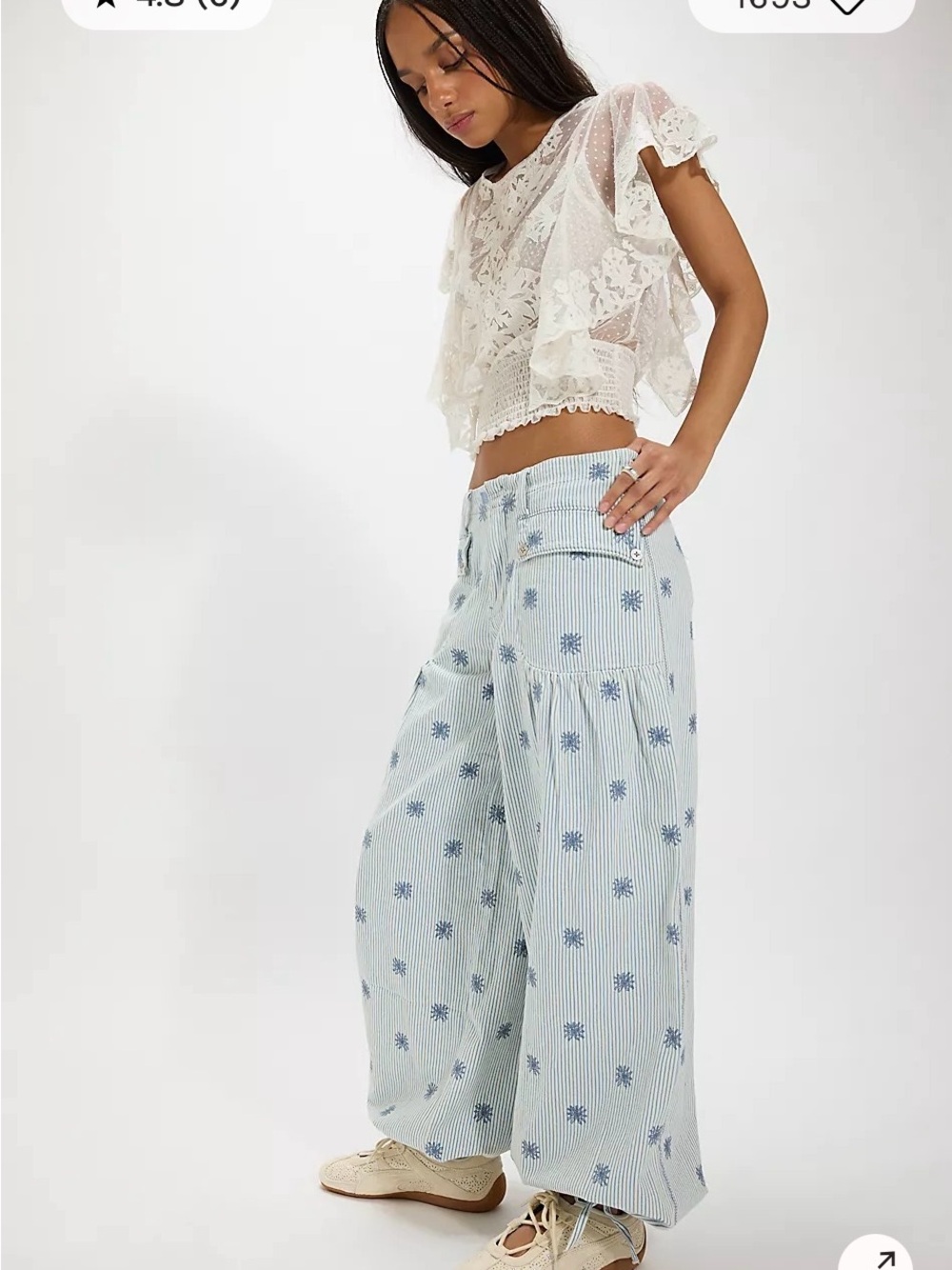 We The Free Light Blue Striped Wide-Leg Pants with Navy Floral Print
